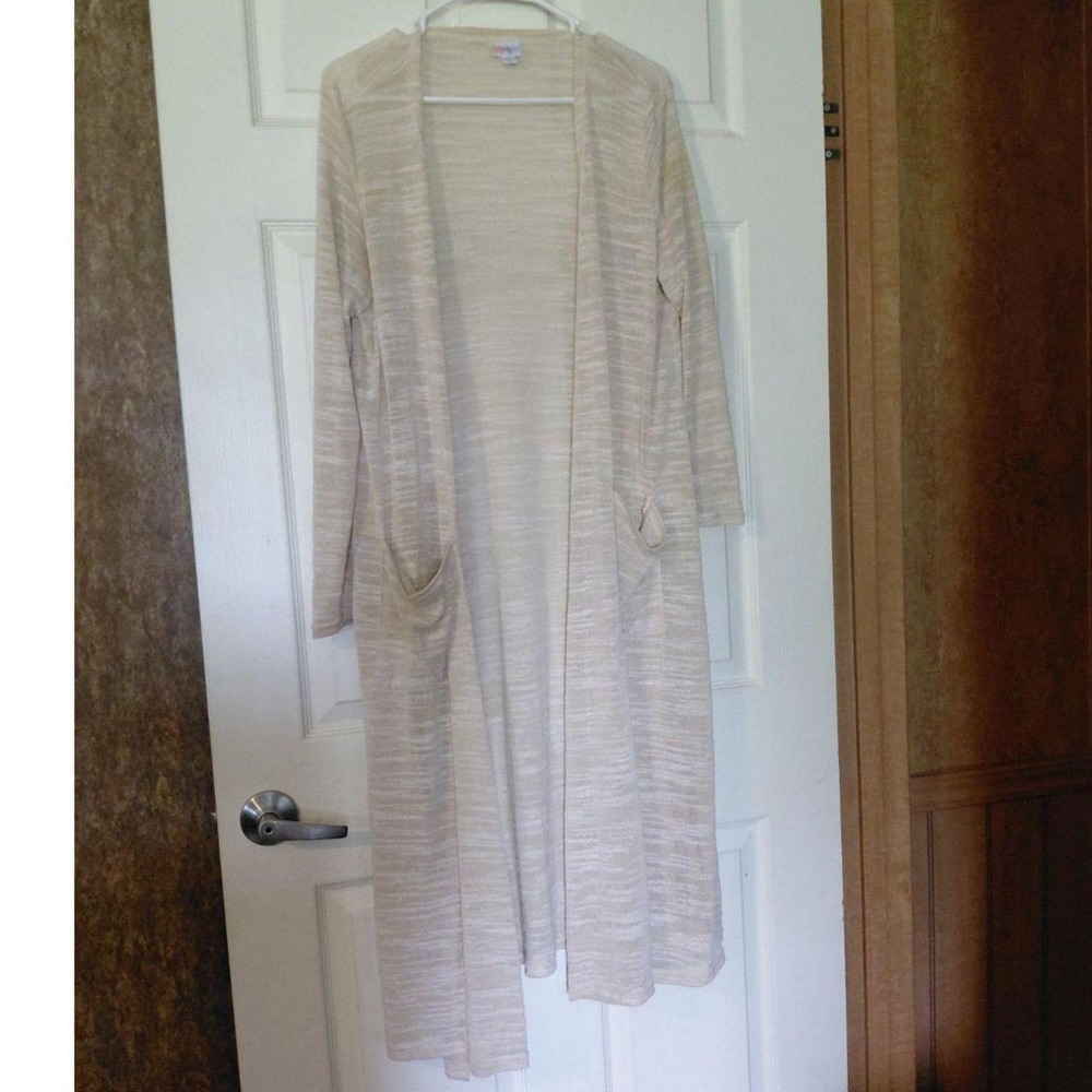 LuLaRoe Sarah Long Duster Cardigan Womens M Cream Open Front Knit Sweater